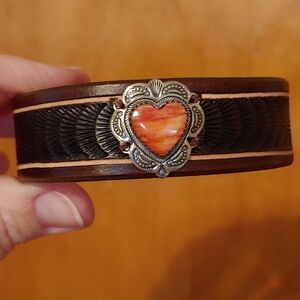 Stamped Leather Sterling Silver Heart Spiny Oyster Bangle Southwestern